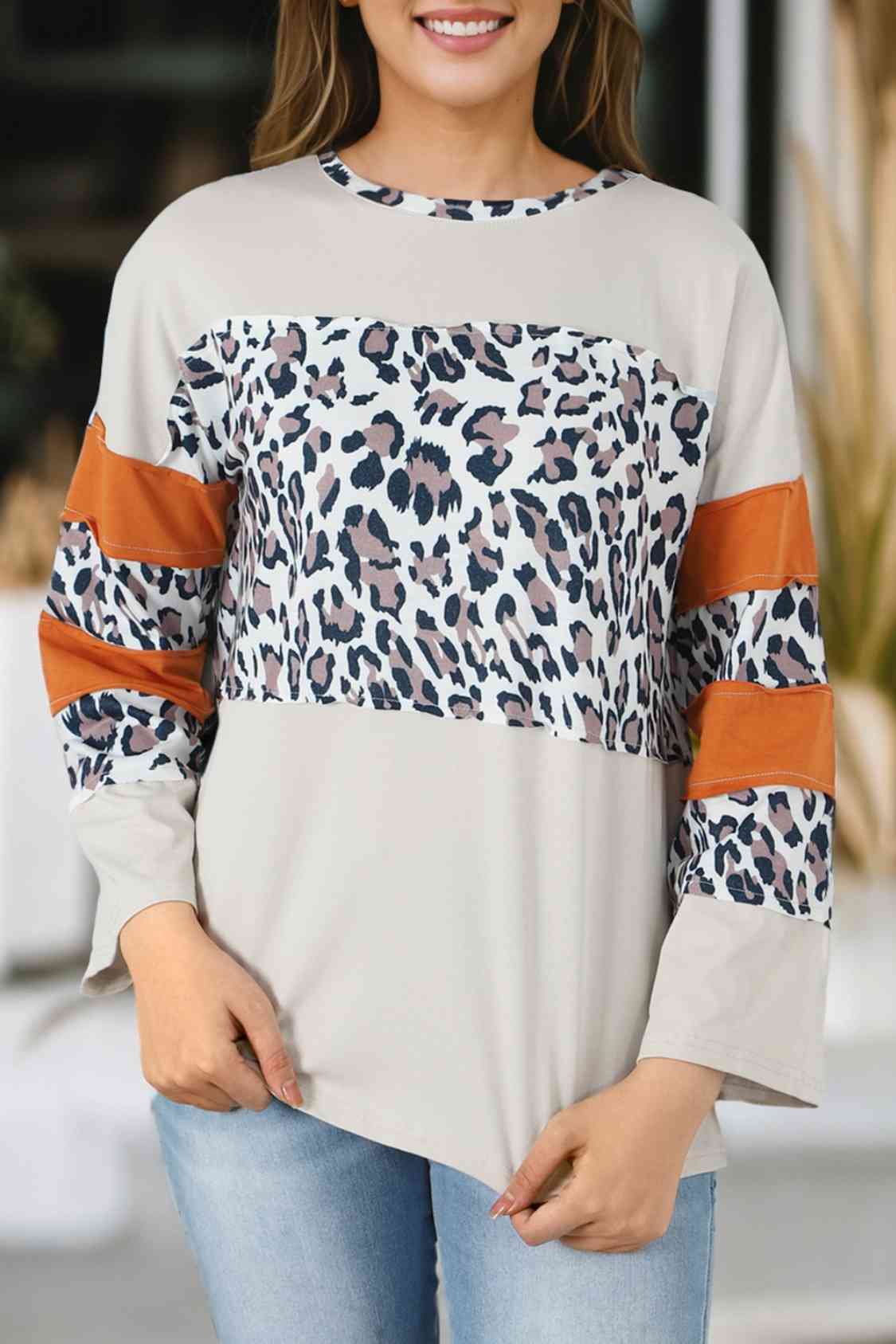 Leopard Long Sleeve Slit T-Shirt