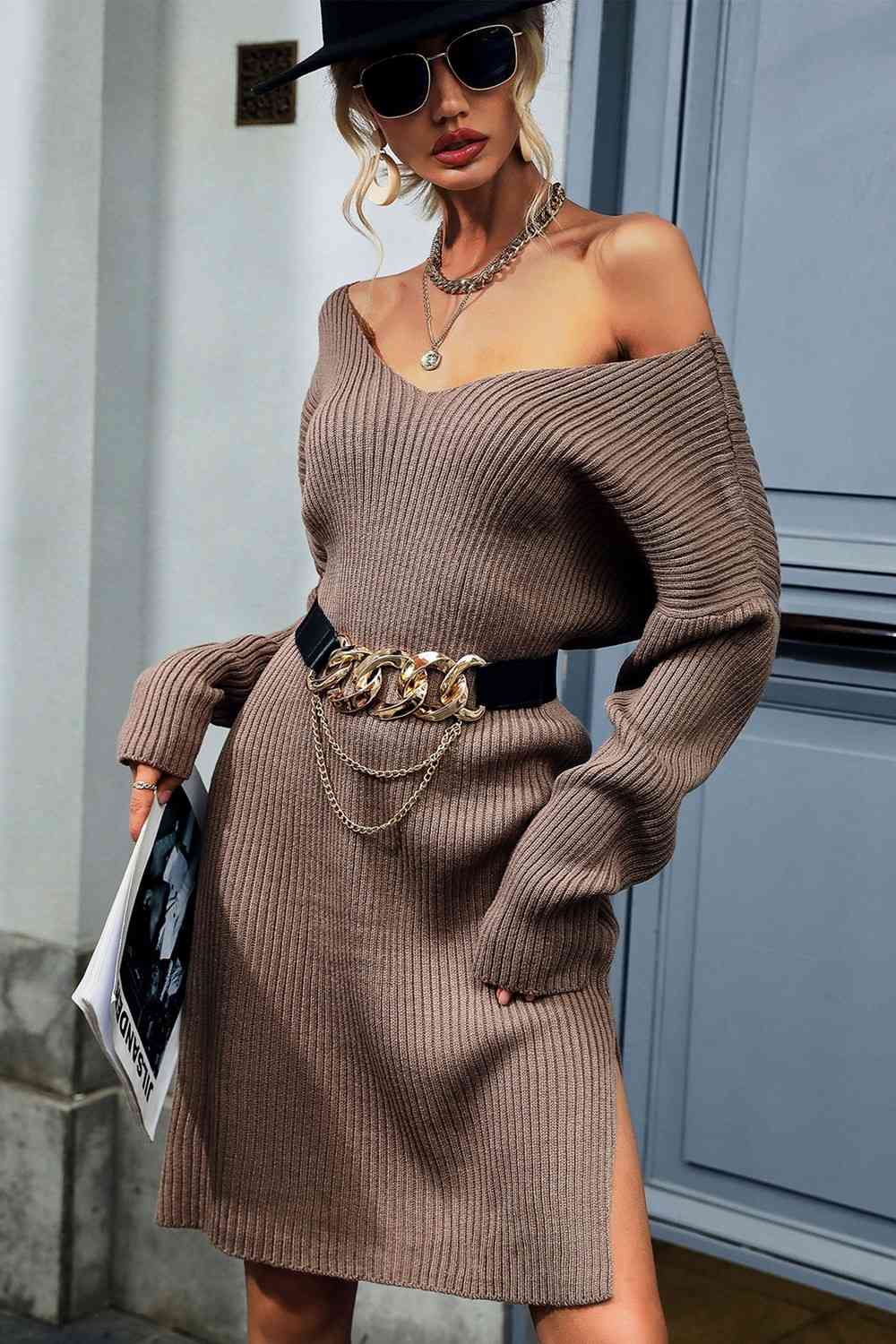 Woven Right Rib-Knit V-Neck Sweater Dress