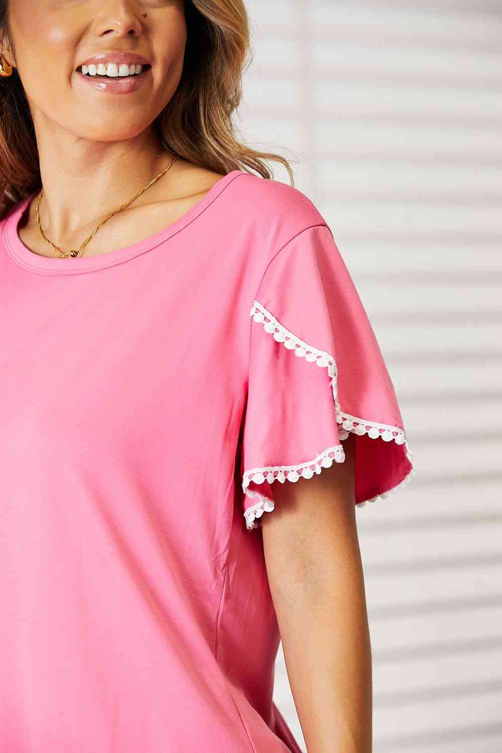 Double Take Pom-Pom Trim Flutter Sleeve Round Neck T-Shirt