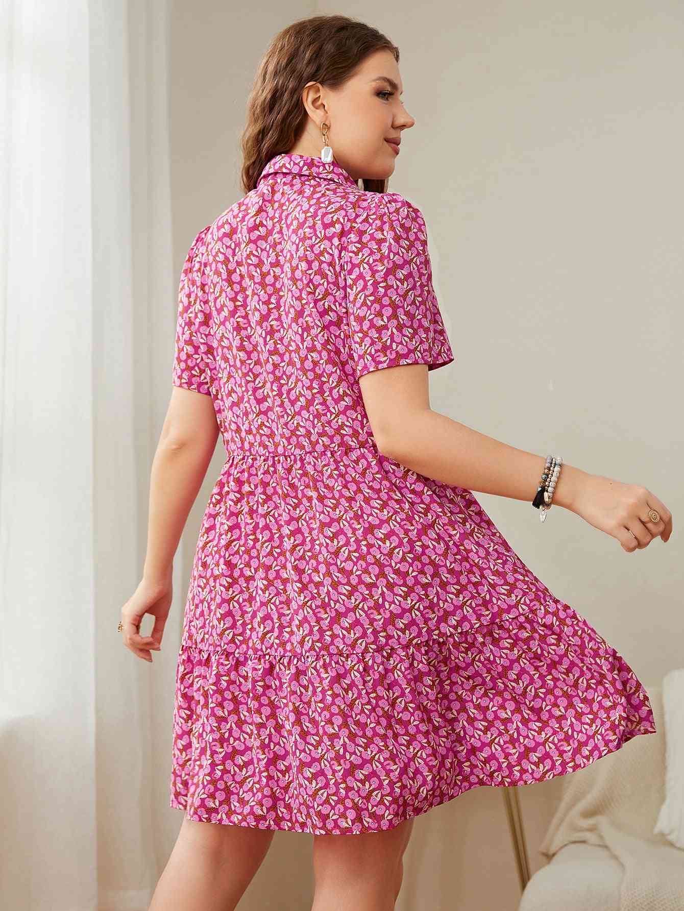 Plus Size Printed Short Sleeve Collared Dress