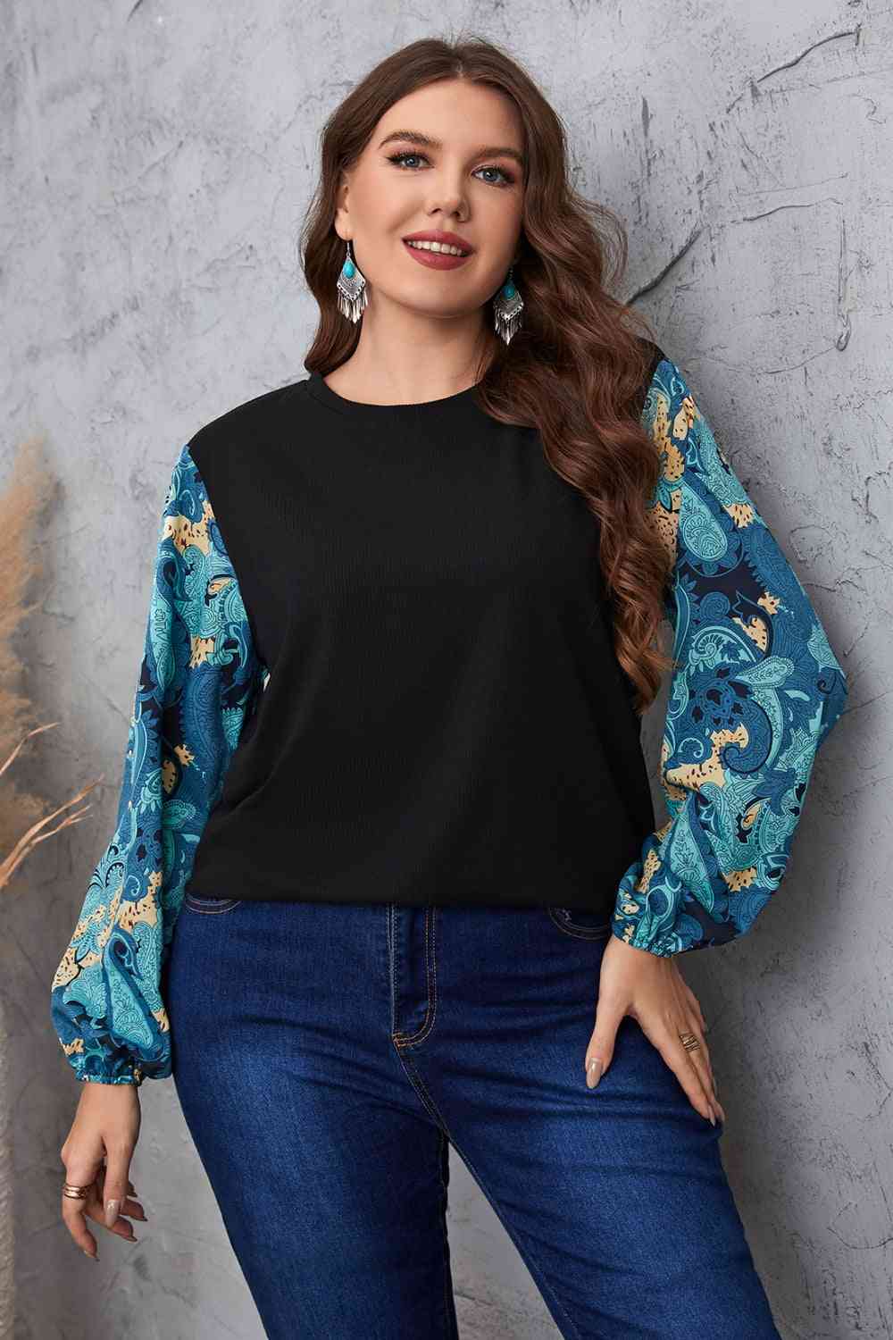 Melo Apparel Plus Size Printed Sleeve Round Neck Blouse
