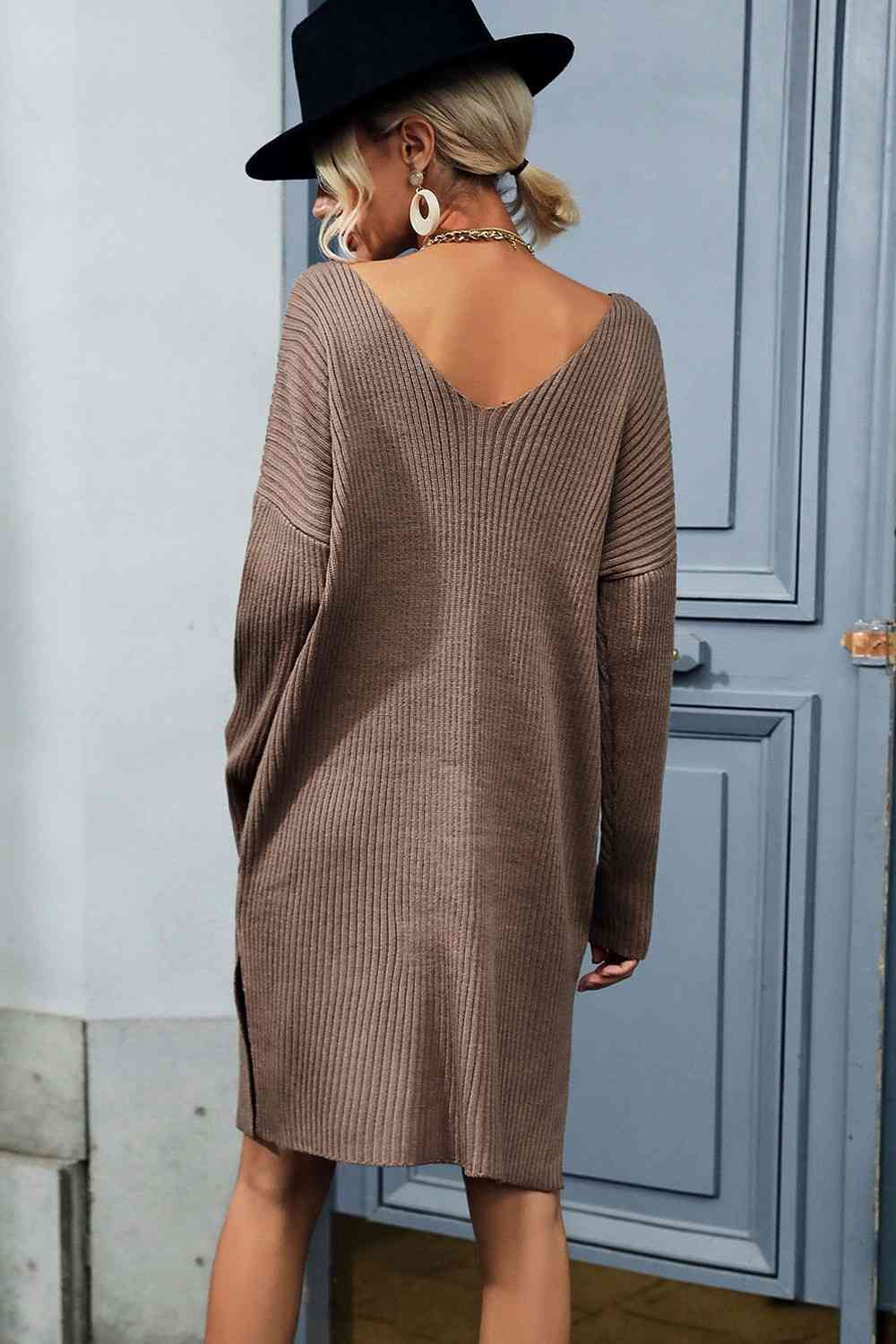 Woven Right Rib-Knit V-Neck Sweater Dress