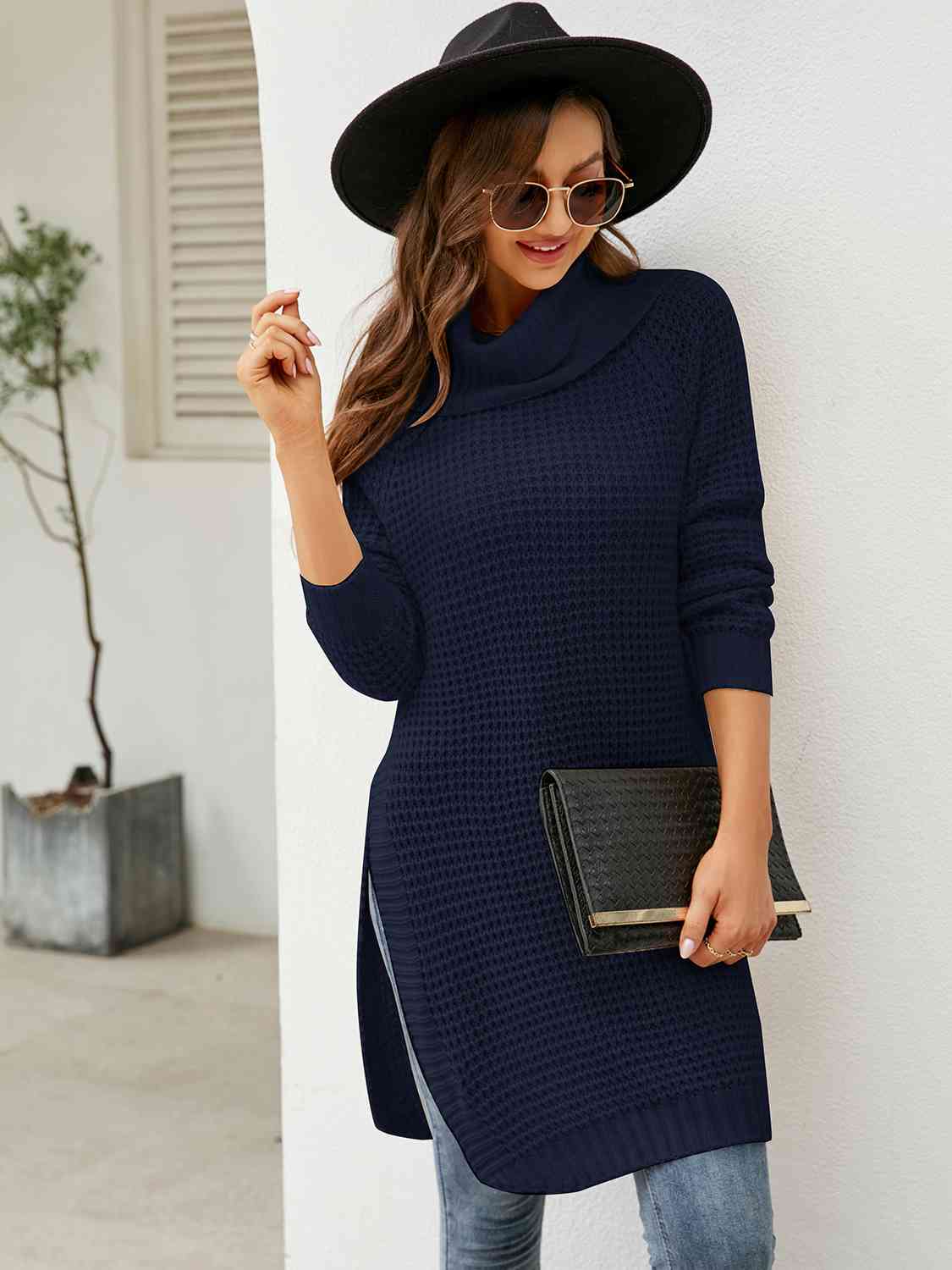 Turtleneck Waffle-Knit Slit Sweater Dress