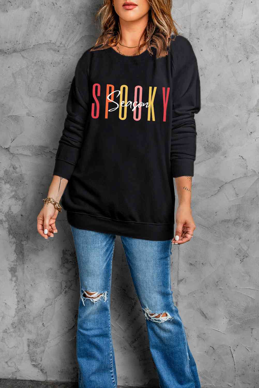 Round Neck Long Sleeve SPOOKY SEASON Graphic Sweatshirt