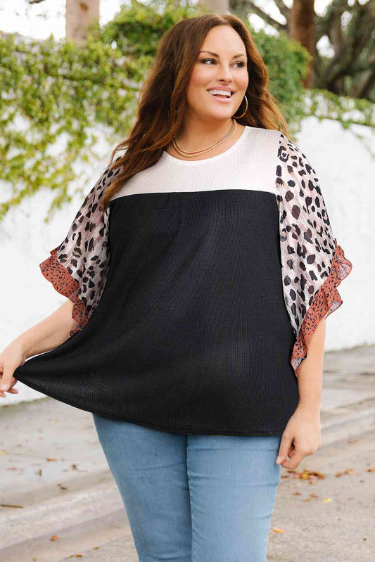 Plus Size Printed Color Block Ruffled Blouse