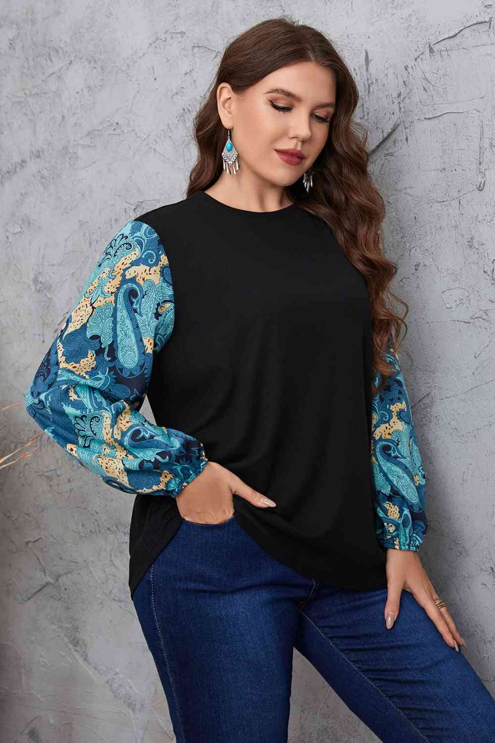 Melo Apparel Plus Size Printed Sleeve Round Neck Blouse